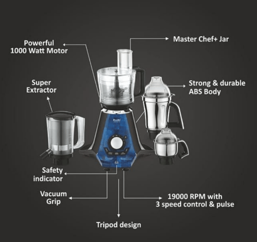 Preethi Zodiac 2.0 MG-255 Mixer Grinder, 1000 watt, Black/Blue, 4 Jars - Super Extractor juicer Jar & Master Chef Food Processor Jar, 2yr Guarantee & Lifelong Free Service - Image 5